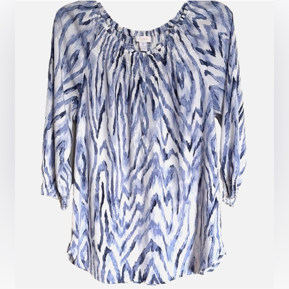 Chico’s Peasant Blouse Blue White Chevron Boho 3/4 Sleeve Size 1 Medium Top